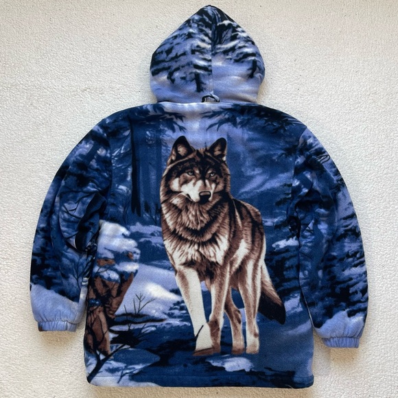 Vintage 90s Wolf Graphic Sherpa Lined Nature Fleece Outdoor Fleece Hoodie Mens M - Picture 1 of 6